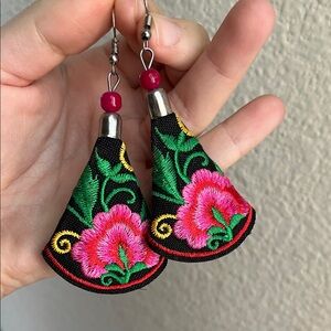 Floral Embroidered Earrings - Pink and Green